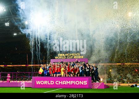 Sydney, Australien. August 2023. Das Team Spanien feiert während der Preisverleihung der FIFA Frauen-Weltmeisterschaft 2023 in Sydney, Australien, am 20. August 2023. Quelle: Zhu Wei/Xinhua/Alamy Live News Stockfoto