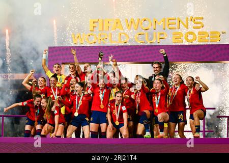Sydney, Australien. August 2023. Das Team Spanien feiert während der Preisverleihung der FIFA Frauen-Weltmeisterschaft 2023 in Sydney, Australien, am 20. August 2023. Quelle: Zhu Wei/Xinhua/Alamy Live News Stockfoto