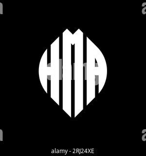 HMA-Logodesign mit kreisförmigem Buchstaben und Ellipsenform. HMA-Ellipsenbuchstaben im typografischen Stil. Die drei Initialen bilden ein kreisförmiges Logo. HMA CI Stock Vektor