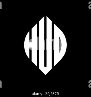 HUD-Logodesign mit kreisförmigem Buchstaben und Ellipsenform. HUD-Ellipsenbuchstaben im typografischen Stil. Die drei Initialen bilden ein kreisförmiges Logo. HUD CI Stock Vektor