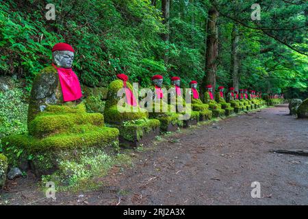 Jizo-Statuen im berühmten Kanmangafuchi-Abgrund in Nikko. Präfektur Tochigi, Japan. Stockfoto