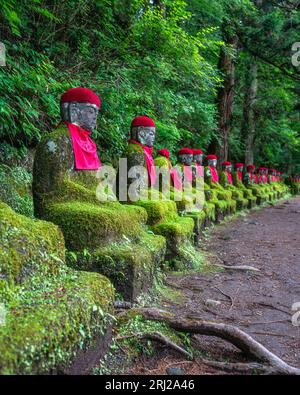 Jizo-Statuen im berühmten Kanmangafuchi-Abgrund in Nikko. Präfektur Tochigi, Japan. Stockfoto