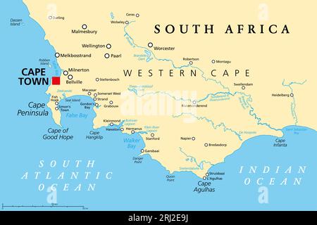 Kap der Guten Hoffnung, eine Region in Südafrika, politische Landkarte. Von Kapstadt und Kap-Halbinsel, einer Landzunge an der Südatlantikküste, bis Cape Agulhas. Stockfoto