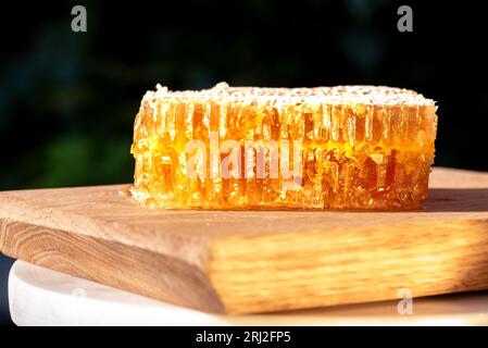 Schatz. Natürlicher Honig und Honigwabe. Nahaufnahme von köstlichen Bienenwaben auf einem Holzschneidebrett. Stockfoto