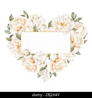 Aquarellkomposition mit zarten weißen Rosen, Pfingstrosen und grünen Blättern. Perfekt für Hochzeits- und Valentinstag-Einladungen, Postkarten, Jubiläum, DE Stockfoto