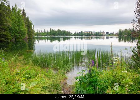Ruhige Szene des Bergsees Štrbské Pleso in der Hohen Tatra, Slowakei Stockfoto