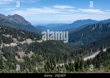 Straße zum Hurricane Ridge durch die Berge des Olympic National Park, Washington unter sonnigem Sommerwetter. Stockfoto