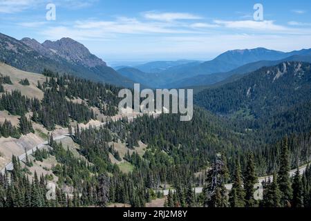 Straße zum Hurricane Ridge durch die Berge des Olympic National Park, Washington unter sonnigem Sommerwetter. Stockfoto