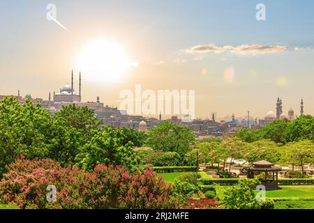 Al-Azhar Park von Kairo und Blick auf die Moschee von Muhammad Ali und die Moschee Madrasa von Sultan Hasan, Ägypten. Stockfoto