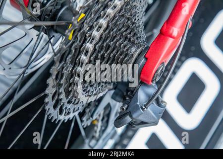 Hintere Kassettenräder und Kette auf einem Mountainbike aus nächster Nähe Stockfoto