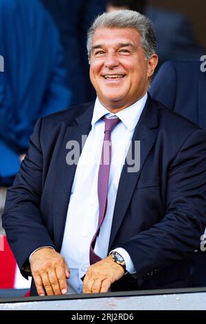 Barcelona, Spanien. August 2023. Joan Laporta, Präsident des FC Barcelona, wird während des Fußballspiels La Liga zwischen dem FC Barcelona und Cadiz CF im Lluis Companys Stadium in Barcelona, Spanien, am 20. August 2023 abgebildet. Foto: Siu Wu. Quelle: dpa/Alamy Live News Stockfoto