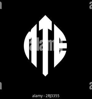 MTE-Logo mit kreisförmigem Buchstaben und Ellipsenform. MTE-Ellipsenbuchstaben im typografischen Stil. Die drei Initialen bilden ein kreisförmiges Logo. MTE CI Stock Vektor