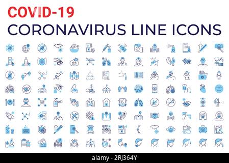 Coronavirus COVID-19 Pandemie respiratorische Pneumonie Krankheit verwandte Vektorsymbole gesetzt. Einschließlich Symbole Symptome, Übertragung, Prävention, Behandlung, vi Stock Vektor