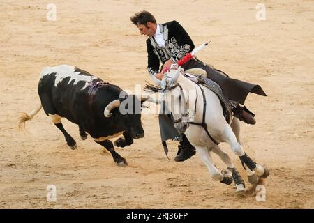 Der Rejoneador Iván Magro bekämpft den Stier während einer Corrida de Rejones in der Stierkampfarena Las Ventas in Madrid. Madrid Spanien. 20.08.2023, Stockfoto