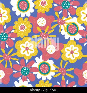 Buntes und helles nahtloses Muster mit handgezeichneten fantastischen Blumen. Vektorquadrat. Stock Vektor
