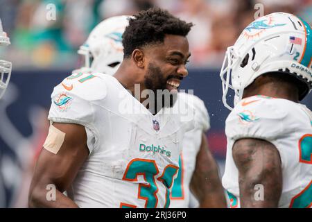19. August 2023: Miami Dolphins Running Back Raheem Mostert (31) lächelt während eines Vorbereitungsspiels zwischen den Miami Dolphins und den Houston Texans in Houston, TX. Trask Smith/CSM Stockfoto