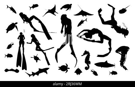 Scuba Diving Silhouette Vektor Illustration isoliert auf weißem Hintergrund. Sport unter Wasser, See, Meer, Handschuh und Taschenlampe, Maske, und Schnorcheln. Tauchen Stock Vektor