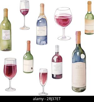 Set aus Weinflaschen und Gläsern. Aquarellillustration isoliert auf weißem Hintergrund Stock Vektor