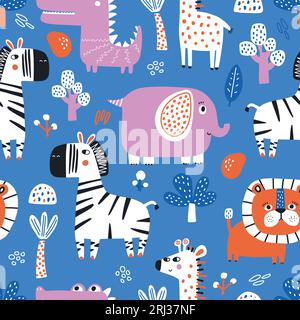 Vector seamless repeating color baby pattern with cute animals on white background. Pattern for kids with elephant, crocodile, zebra, giraffe, lion Stock Vektor