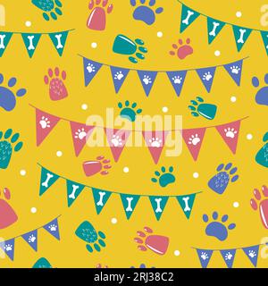 Nahtloses quadratisches Muster mit bunten Girlanden, Pfoten und Knochen für Hundepartys. Vektor handgezeichnetes Design. Stock Vektor