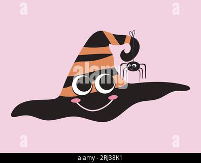 Niedliche Illustration von Halloween lächelnden Hut und Spinne. Vektor-Design-Maskottchen lustige Charaktere. Stock Vektor