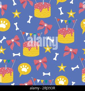 Niedliches, nahtloses quadratisches Muster für Hundepartys. Handgezeichnetes Design mit Kuchen, Knochen und Pfoten. Stock Vektor