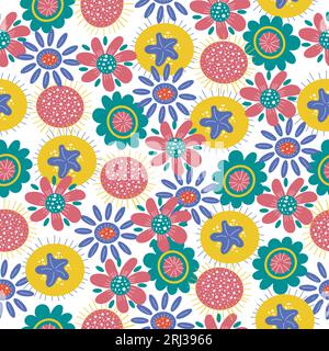 Buntes nahtloses Muster mit handgezeichneten fantastischen Doodle-Blumen. Vektorabzug auf weißem Hintergrund. Stock Vektor