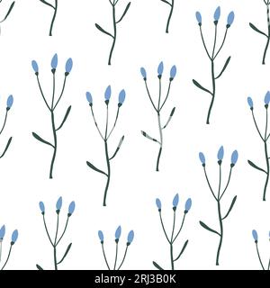 Einfaches Vektormuster mit Wildpflanzen, einfaches blaues Wildblumenmuster auf weiß. Wiesenmuster mit blauen Blüten. Vektorillustration Stock Vektor