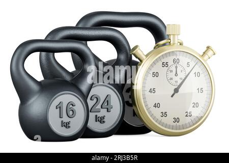 Kettlebells mit Stoppuhr. Sportzeit, Konzept. 3D-Rendering isoliert auf weißem Hintergrund Stockfoto