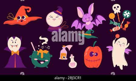 Set süßer handgezeichneter Figuren für Halloween. Mascot Collection Hexenhut, Vampir, Trank, Geist, Kürbis, Fledermaus, Süßigkeiten. Stock Vektor