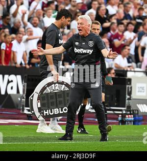 London, Großbritannien. August 2023. David Moyes, der Manager von West Ham Utd, reagiert während des Spiels. Premier League Match, West Ham Utd gegen Chelsea im London Stadium, Queen Elizabeth Olympic Park in London am Sonntag, den 20. August 2023. Dieses Bild darf nur zu redaktionellen Zwecken verwendet werden. Nur zur redaktionellen Verwendung Foto von Sandra Mailer/Andrew Orchard Sports Photography/Alamy Live News Credit: Andrew Orchard Sports Photography/Alamy Live News Stockfoto