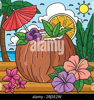 Sommer Coconut Cocktail Farbigen Cartoon Stock Vektor