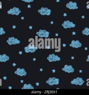 Von Hand gezeichnetes nahtloses kindliches Muster mit blauen Wolken. Stock Vektor