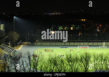 Eine vielfältige Gruppe von Menschen, die ein Fußballspiel in einem Stadion genießen, das in der Dämmerung von Lichtern beleuchtet wird Stockfoto