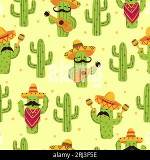 Nahtloses mexikanisches Kaktusmuster. Süße Kakteen mit Gitarre, Sombrero, Maracas. Stock Vektor