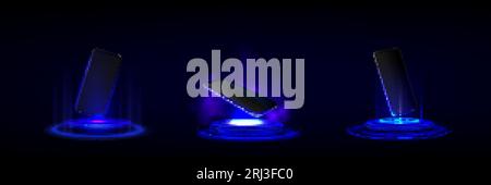 3D Neonlicht futuristisches Podium für Mobiltelefone. Standmodell mit Lasereffekttechnologie für das Produkt. Vorlage für Gewinner des Smartphone-Bildschirms bei Cyber Glow Stock Vektor