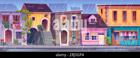 Regen auf der alten italienischen Straße mit Café. Vektorzeichner mit europäischer Architektur, Wasserpfützen auf einer gepflasterten Straße, Häuser mit Wet la Stock Vektor
