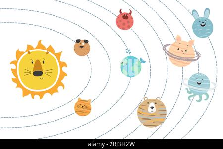 Cartoon-Sonnensystem mit niedlichen Planeten für Kinder. Vektorillustration. Stock Vektor