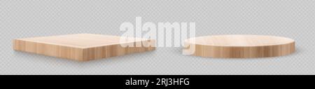 3D-Podiumständer aus Holz. Isolierte Produktdarstellung von Bühnenvektoren auf transparentem Hintergrund. Kosmetik-, Kosmetik- oder Lebensmittel-Natur-Zylinder-Küchenteller Stock Vektor