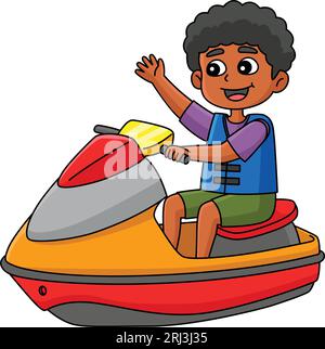 Junge, der auf einem Jet Ski Cartoon-farbigen Clipart reitet Stock Vektor