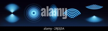 3D W Wifi Wave Lichteffekt. Abstraktes digitales Schild mit Schallsignaltechnologie des Radarsensors. Transparentes Neon-Kreissymbol für drahtlose Überwachung und Stock Vektor