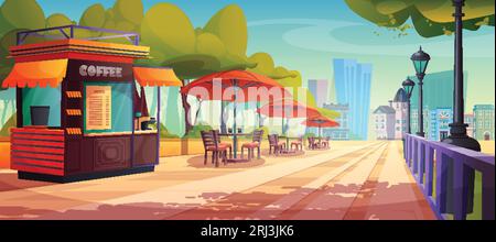 Straßencafe im Freien in Stadtpark Quadrat Vektor-Zeichentrickillustration. Cafeteria im Freien mit Tisch, Stuhl und orangefarbenem Sonnenschirm im Gartenbereich. Ci Stock Vektor