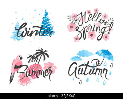 Four Seasons - Winter, Frühling, Sommer, Herbst. Vektor-Aquarell-Darstellung. Stock Vektor