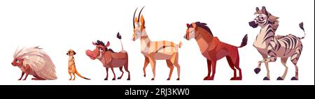 Gruppe afrikanischer Wildtiere isoliert auf weißem Hintergrund. Vektor-Zeichentrickillustration von Zebra, Stachelschwein, Antilope, Erdmännchen, Hyäne, Warzenschwein Stock Vektor