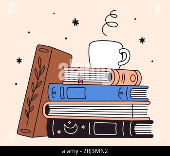 Bücherstapel und eine Tasse Kaffee. Ich liebe es, Vektorillustration zu lesen, einfache Linienzeichnung. Stock Vektor