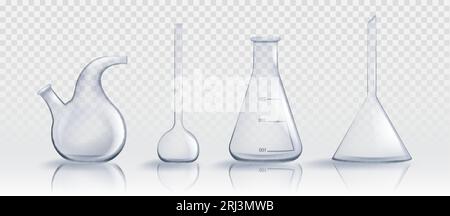 Realistisches Laborglasset isoliert auf transparentem Hintergrund. Vektorillustration von Laborretort, volumetrischen, konischen Kolben, graduierten Kontai Stock Vektor