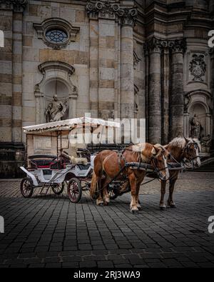 Ein Foto von zwei Pferden und ihren Wagen, die vor einem alten Steinhaus geparkt sind Stockfoto