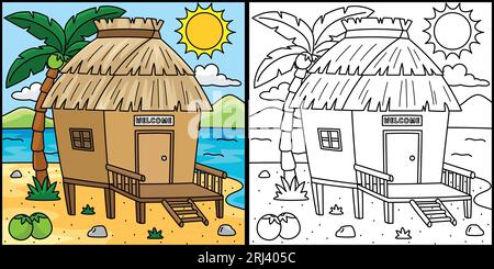 Nipa Hut Sommer Färbung Seite Farbige Illustration Stock Vektor