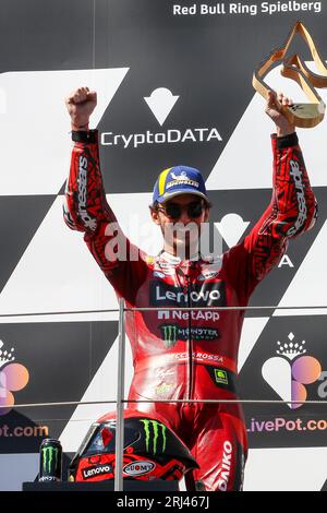 SPIELBERG, ÖSTERREICH; Motorrad Grand Prix von, Österreich. , . Siegerehrung Podium #1 BAGNAIA Francesco (ITA)/Moto GP MotoGP, MOTO GP, Saison 2023 auf dem Red Bull Ring - Spielberg, Motorrad Grand Prix von Österreich - Motorsport, Motorradstraßenrennen, Motorrad-WM, Foto und Copyright © Udo STIEFEL/ATP Images (STIEFEL Udo/ATP/SPP) Credit: SPP Sport Press Photo. Alamy Live News Stockfoto