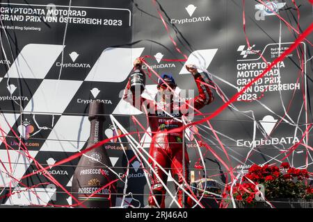 SPIELBERG, ÖSTERREICH; Motorrad Grand Prix von, Österreich. , . Siegerehrung Podium #1 BAGNAIA Francesco (ITA)/Moto GP MotoGP, MOTO GP, Saison 2023 auf dem Red Bull Ring - Spielberg, Motorrad Grand Prix von Österreich - Motorsport, Motorradstraßenrennen, Motorrad-WM, Foto und Copyright © Udo STIEFEL/ATP Images (STIEFEL Udo/ATP/SPP) Credit: SPP Sport Press Photo. Alamy Live News Stockfoto